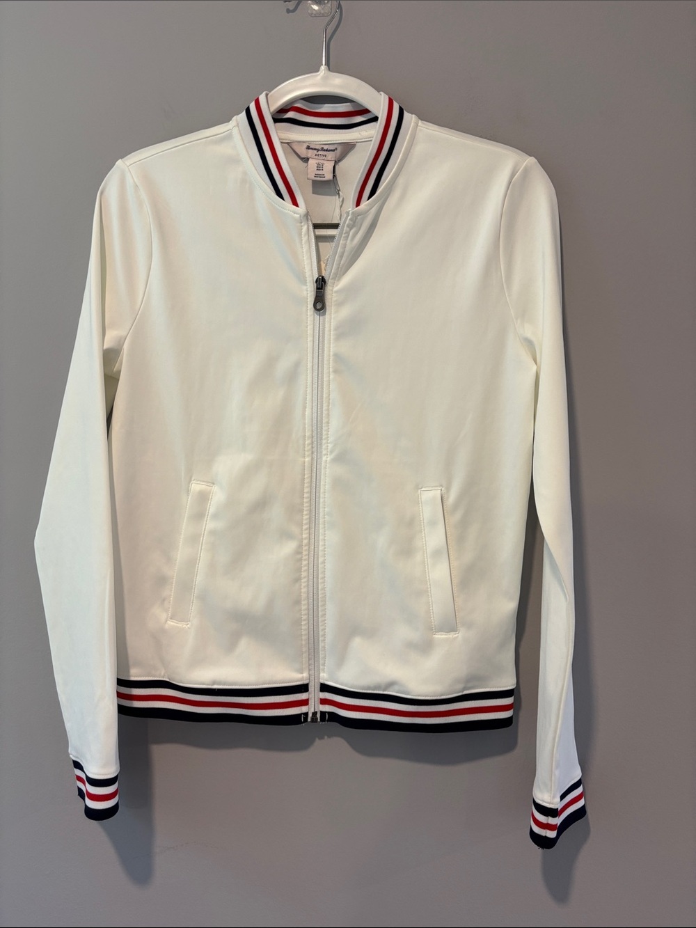 Tommy Hilfiger White Bomber Jacket with Red & Navy Stripe Trim
